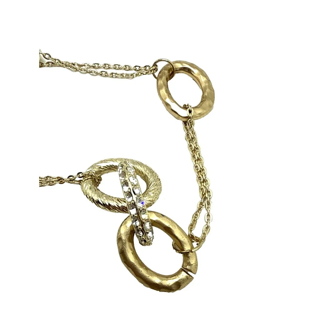 New Alfani Rhinestone Gold Tone Station Necklace Oval Textured Links 42” NWT